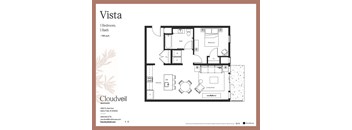 A floor plan for a one bedroom, one bath apartment at Cloudveil Apartments.