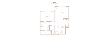 A floor plan of a Willow apartment with a living/dining area, kitchen, two bedrooms, a bathroom, and two closets.