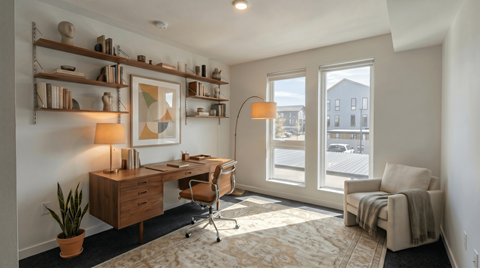 A room with a desk, chair, and a window overlooking a street.
