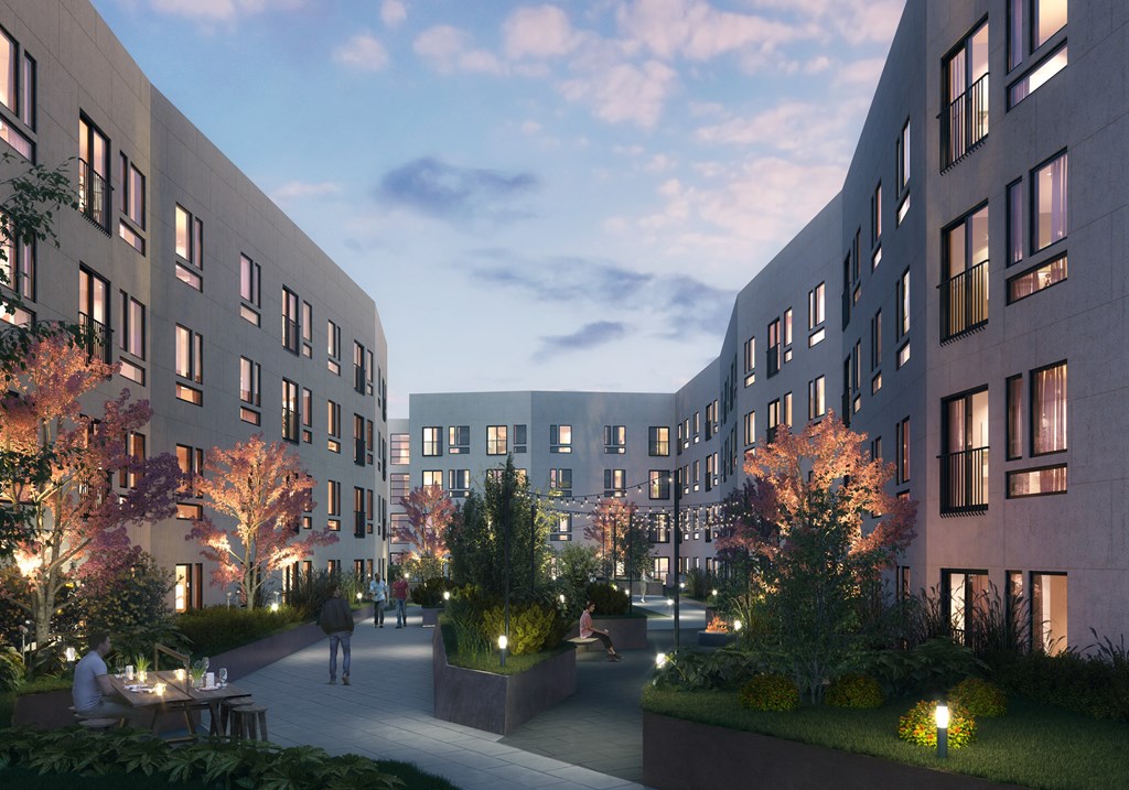 a rendering of an apartment building with a courtyard and trees