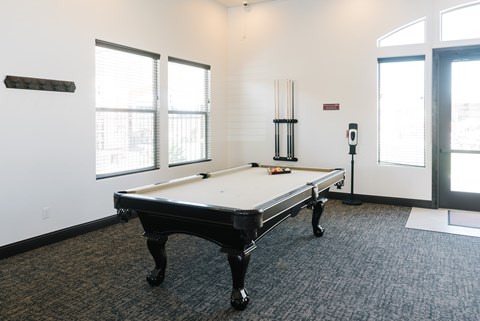 A pool table in a room with a window and a door.