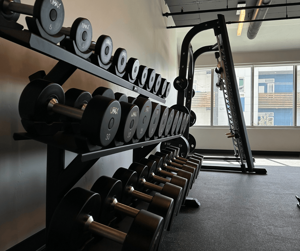 a row of weights on a rack in a gym