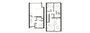 A floor plan of a two-story house with a garage on the first level and a living area, kitchen, and two bedrooms on the second level.
