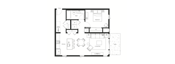 A floor plan of a house with a living area, kitchen, and bedrooms.