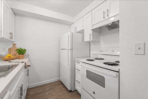 A white kitchen with a stove, refrigerator, and sink.
