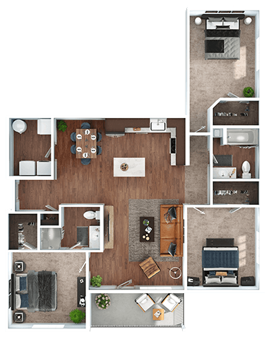 3 Bedroom 2 Bath Floor Plan A at The Expo Apartments, Billings, MT
