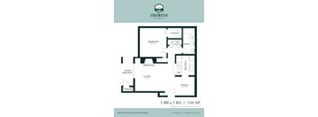 A floor plan for a 1 bedroom, 1 bathroom apartment at Edgewater Apartments.