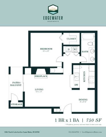A floor plan for a 1 bedroom, 1 bathroom apartment at Edgewater Apartments.