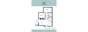 A floor plan for a 2 bedroom, 1 bathroom apartment at Edgewater Apartments.