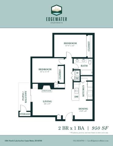 A floor plan for a 2 bedroom, 1 bathroom apartment at Edgewater Apartments.