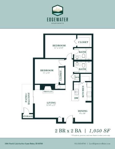 A floor plan for a 2 bedroom and 2 bath apartment at Edgewater Apartments.