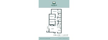 A floor plan for a 3 bedroom, 2 bathroom apartment at Edgewater Apartments.