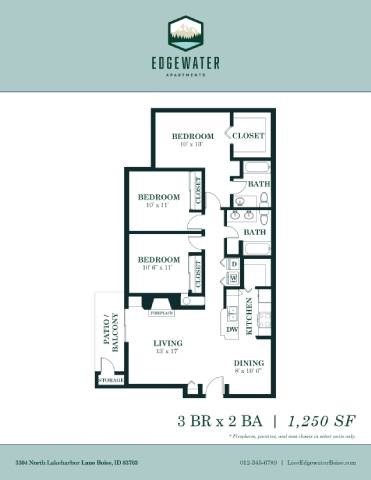 A floor plan for a 3 bedroom, 2 bathroom apartment at Edgewater Apartments.