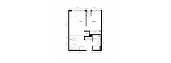 A floor plan of a small apartment with a living room, bedroom, kitchen, bathroom, and closet.