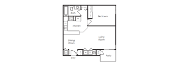 A floor plan of a house with a living room, dining room, kitchen, bedroom, bathroom, and patio.