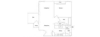 A floor plan of a house with a living room, dining room, kitchen, bath, bedroom, closet, and storage.