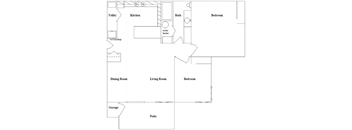 A floor plan of a house with a kitchen, living room, dining room, bedrooms, bathroom, utility, water heater, and storage.
