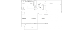 A floor plan of a house with a kitchen, living room, dining room, patio, and two bedrooms.