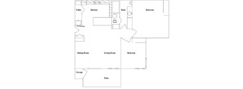 A floor plan of a house with a kitchen, dining room, living room, two bedrooms, a bathroom, and a storage area.