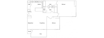 A floor plan of a house with a kitchen, dining room, living room, two bedrooms, a bathroom, a utility room, and storage.