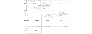 A floor plan of a house with a kitchen, dining room, living room, two bedrooms, a bathroom, a utility area, a storage area, and a parking space.