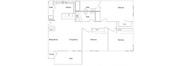 A floor plan of a house with a kitchen, dining room, living room, two bedrooms, a bathroom, a utility room, a storage area, and a patio.