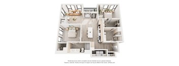 A 3D floor plan of a modern apartment with a kitchen, living room, and bathroom.