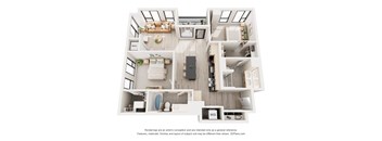 A 3D floor plan of a house with labeled rooms.