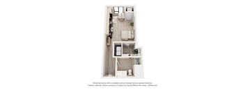 A floor plan of a small apartment with a kitchen, living room, and bathroom.