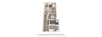 A floor plan of a small apartment with a kitchen, living room, and bathroom.