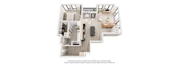 A 3D floor plan of a house with a kitchen, living room, and bedrooms.