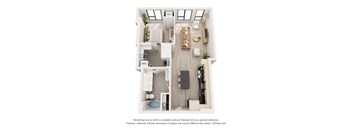 A 3D floor plan of a small apartment with a kitchen, living room, and bathroom.