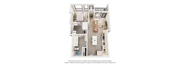 A 3D floor plan of a small apartment with a kitchen, living room, and bathroom.