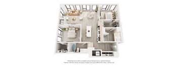 A 3D floor plan of a house with a living room, kitchen, and bathroom.