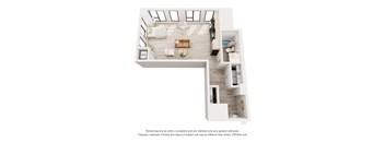 A 3D floor plan of a modern apartment with a kitchen, living room, and bedrooms.