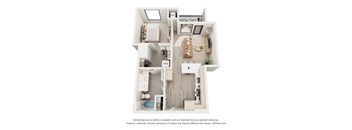 A 3D floor plan of a house with a kitchen, living room, and two bedrooms.