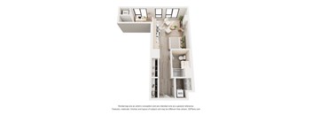 A 3D floor plan of a house with a kitchen, living room, and two bedrooms.