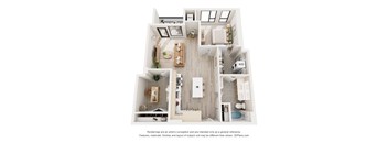 A 3D floor plan of a house with a kitchen, living room, and bathroom.