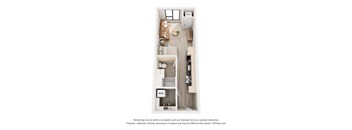 A 3D floor plan of a small apartment with a kitchen, living room, and bathroom.