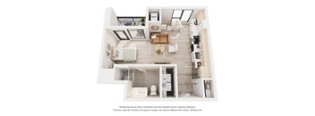 A 3D floor plan of a small apartment with a kitchen, living room, and bathroom.
