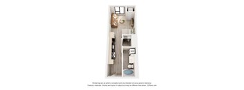 A floor plan of a small apartment with a kitchen, living room, and bathroom.