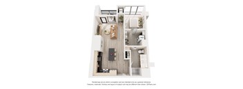 A 3D floor plan of a small apartment with a kitchen, living room, and bathroom.