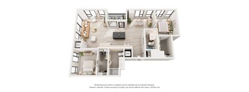 A 3D floor plan of a house with labeled rooms.