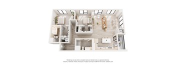 A 3D floor plan of a house with a kitchen, living room, and bathroom.