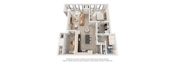 A 3D floor plan of a house with a kitchen, living room, and two bedrooms.