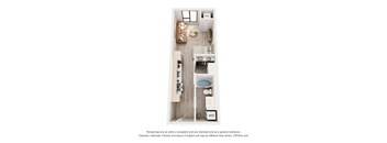 A 3D floor plan of a small apartment with a kitchen, living room, and bathroom.