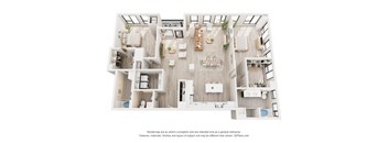 A top-down view of a modern, minimalist apartment layout.