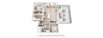 A 3D floor plan of a house with a kitchen, living room, and bathroom.