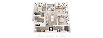 A 3D floor plan of a house with a kitchen, living room, and bathrooms.