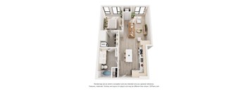 A 3D floor plan of a house with a kitchen, living room, and bathroom.